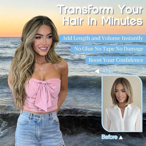 Clip in Hair Extensions Synthetic Wavy 20 Inch Long Voluminous Fit